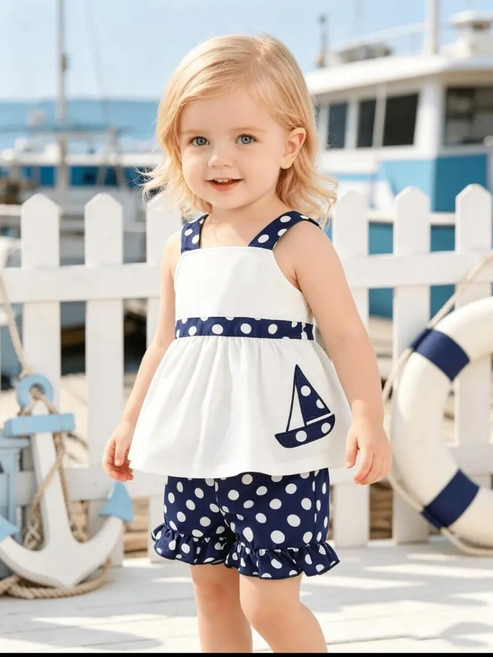 Girl's Navy Polka Dot Sailboat Toddler Shorts Set - Navy & White, Size 2-3Y